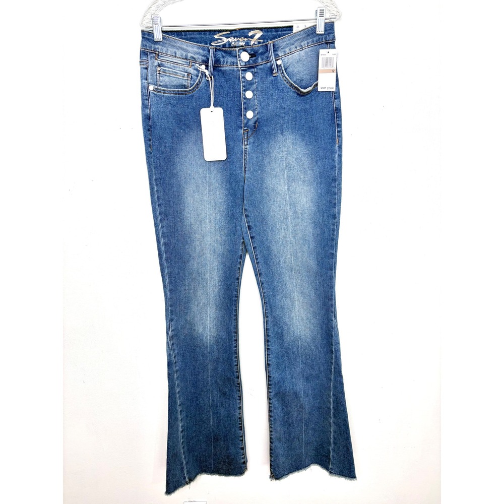 Seven7 Jeans Womens 12 High Rise Button Fly Flare Raw Hem Medium Wash